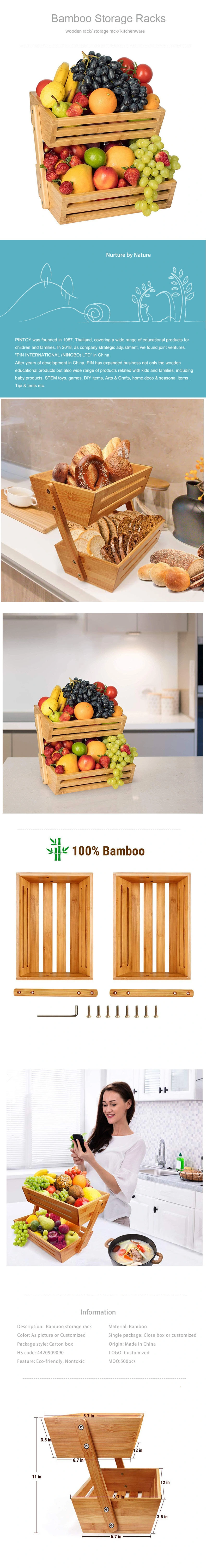 Wooden Fruit Vegetable Organizer Display Rack 2-Tier Bamboo Shelf Tray for Snack