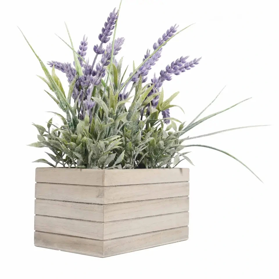 Custom Rectangle Wooden Potted Plants Home Decor Artificial Flowers Lavender Purple Flower, Wooden Tray