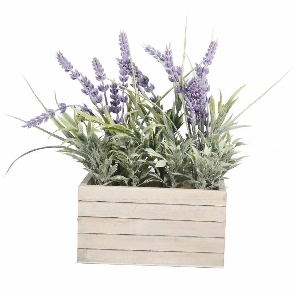 Custom Rectangle Wooden Potted Plants Home Decor Artificial Flowers Lavender Purple Flower, Wooden Tray