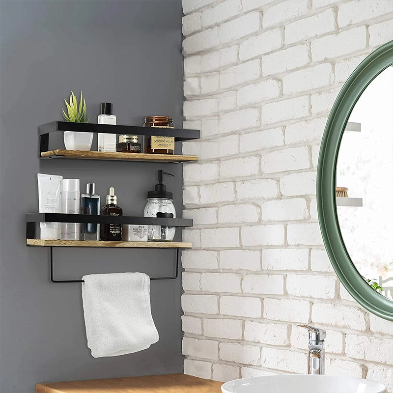 Wooden Home Decor Shower Shelf Wall Mounted Storage Organizer Rack Floating Wall Shelf with Towel Bar