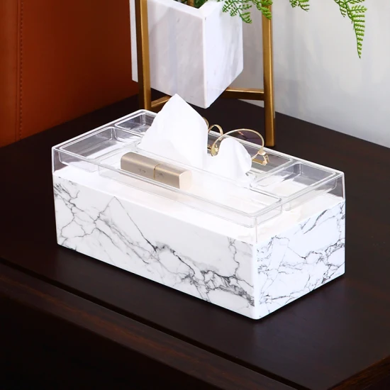 Multifuntiona mármol impresión hogar organizador rectángulo acrílico tejido titular caja de pañuelos de plástico